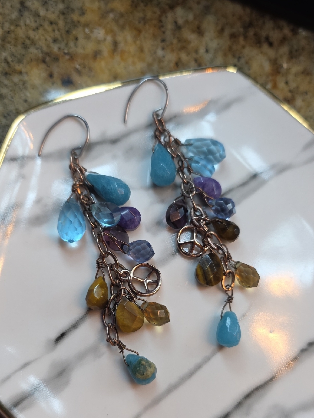 Fossil Rose Multi-Color Dangle Earrings with Blue, Purple & Yellow Drops
